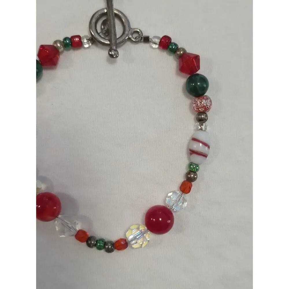 Christmas Colored Glass Beaded Chain Bracelet Red Green White Silver Tone